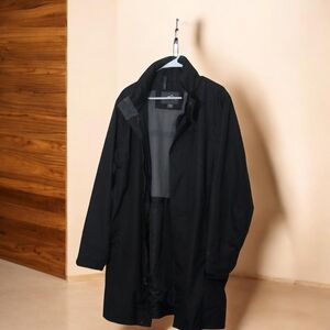 Eddie Bauer Men's Black Raincoat With Hidden Hood, Beautiful Jacket